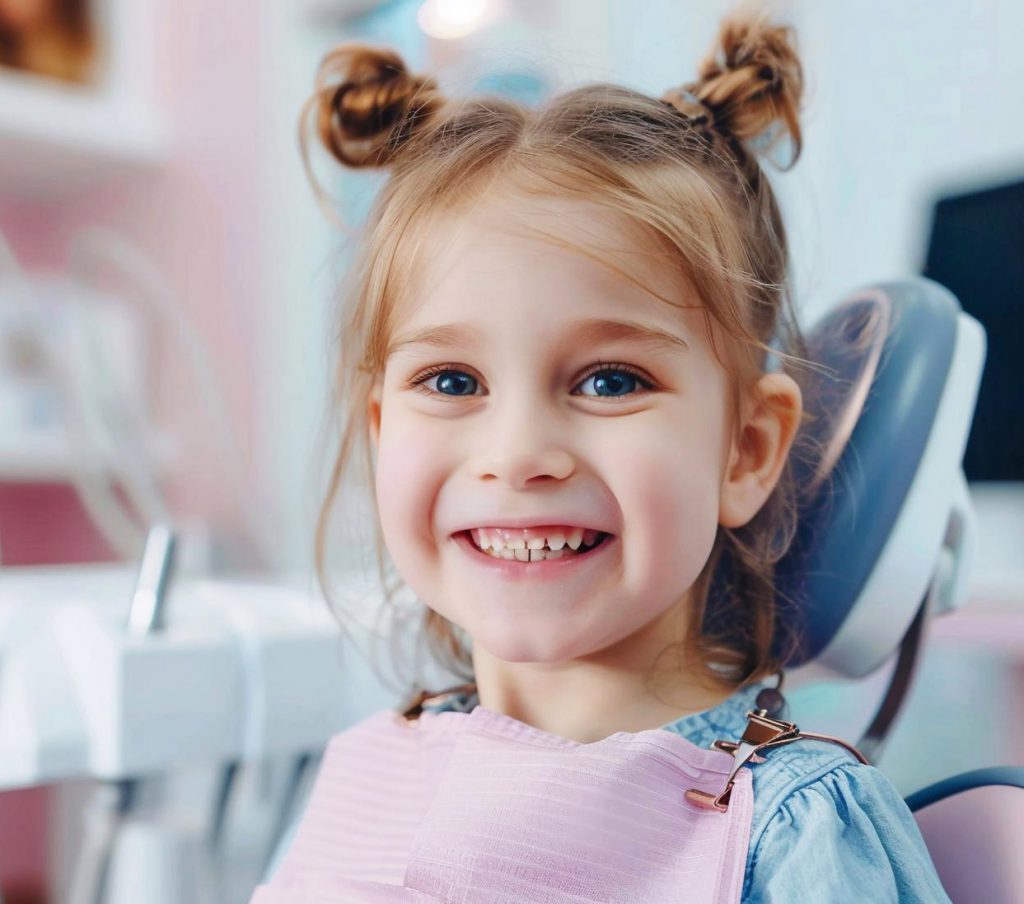 Kind lächelt im Zahnarztstuhl in der Zahnarztpraxis