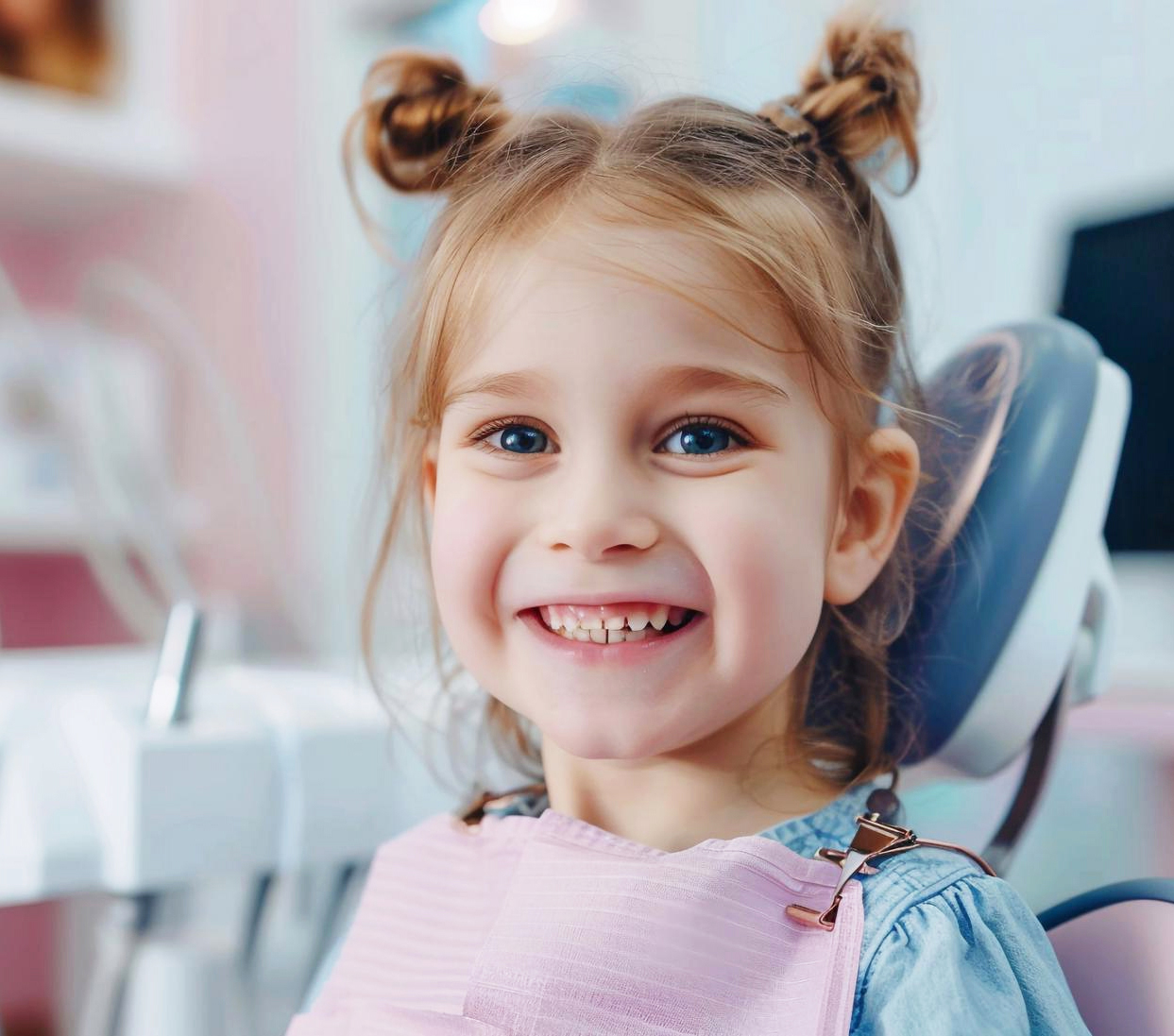 Kind lächelt im Zahnarztstuhl in der Zahnarztpraxis