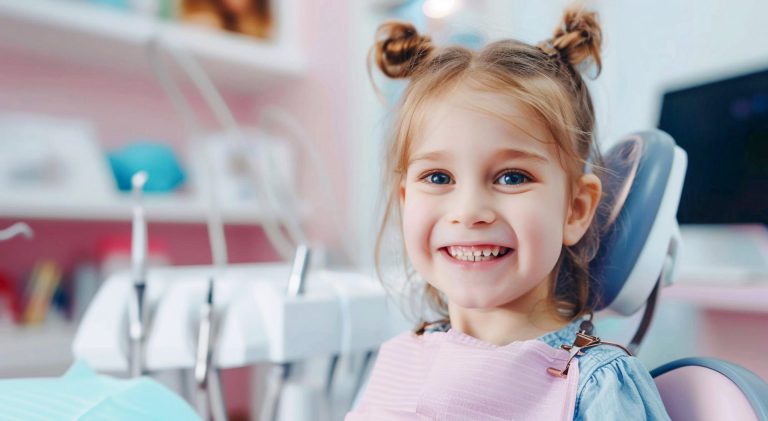 Kind lächelt beim Zahnarzt während der Behandlung