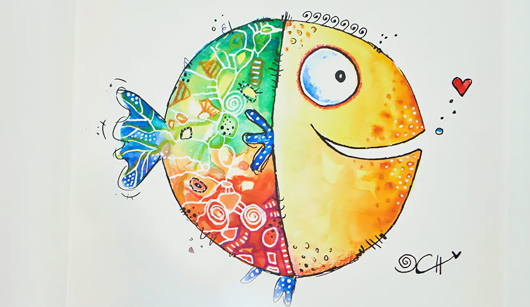 Buntes Kinderbild mit fröhlichem Fischmotiv