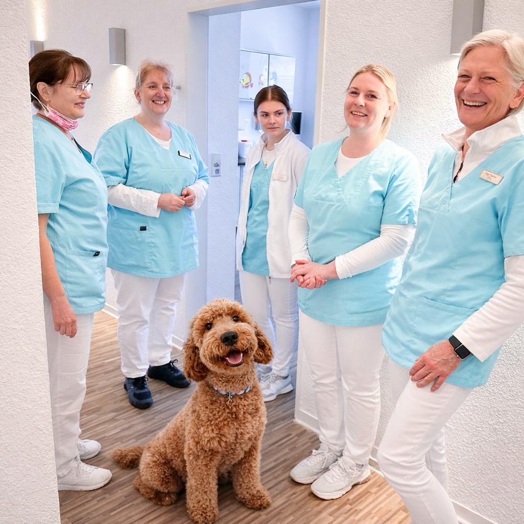 Zahnarzt-Team mit Praxis-Hund in der Zahnarztpraxis